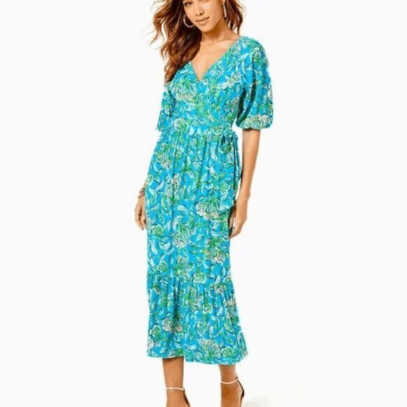 💙 LILLY PULITZER Brantley V-Neck Midi Wrap Dress SIZE M NEW WITH TAGS - Picture 15 of 15